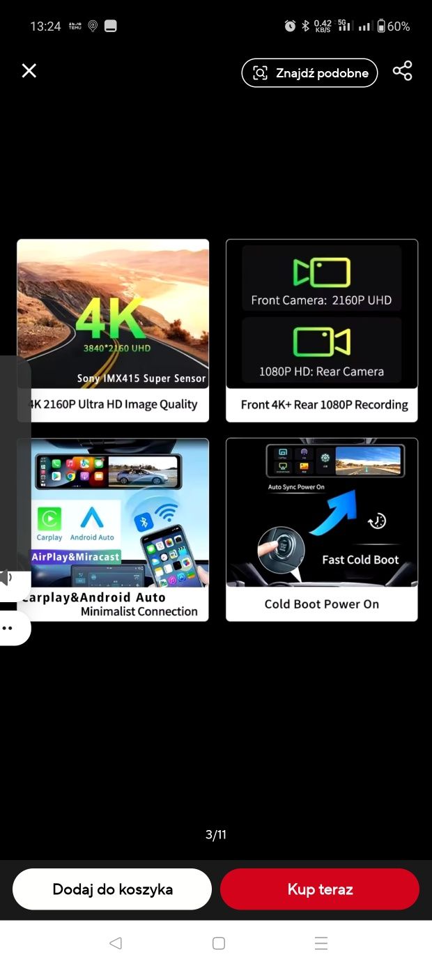 Rejestrator samochodowy w lusterku 4K nowy plus  kamera  na tył.