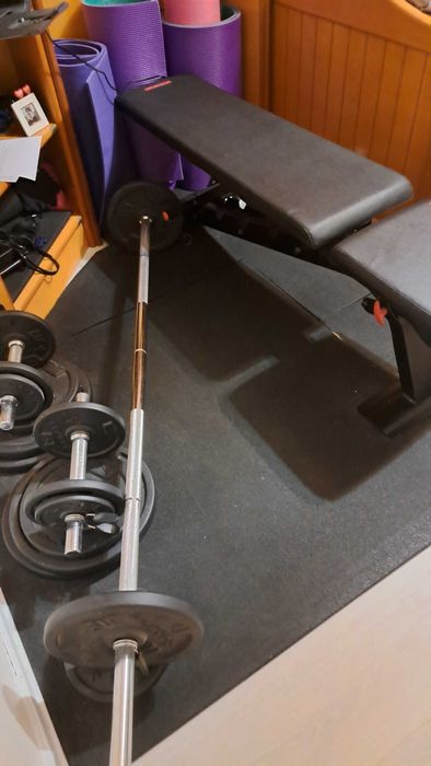 Conjunto ginasio pesos, banco, barras, chão etc