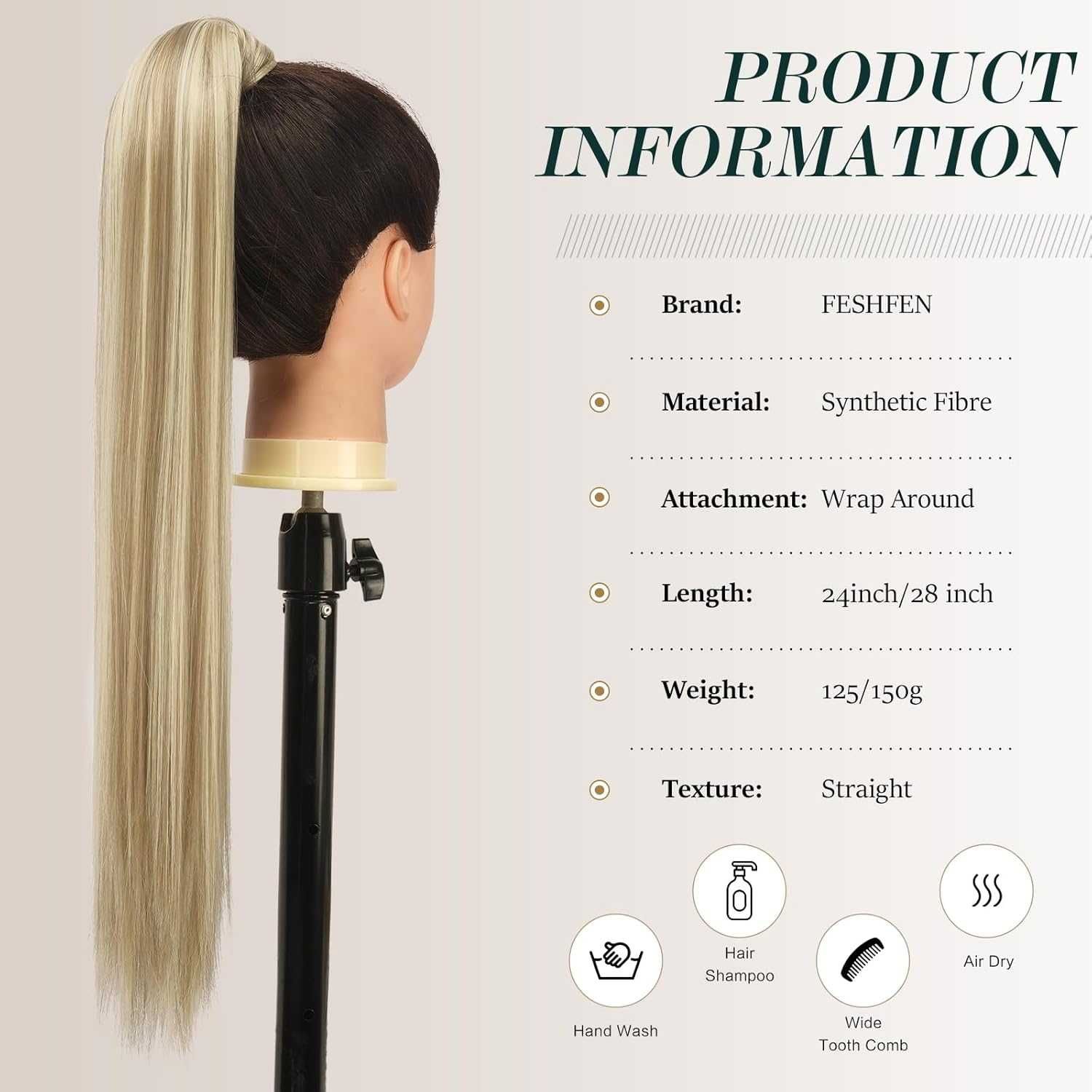 FESHFEN Syntetyczne doczepiane włosy kucyk treska blond 65cm