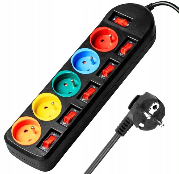 Przedłużacz elektryczny 5 gniazd z uziemieniem 2m kolorowe LED