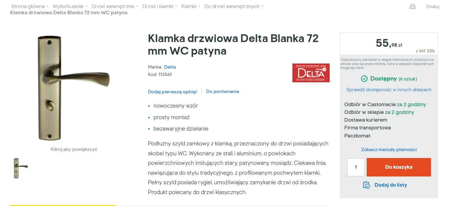 Klamka drzwiowa Delta Blanka 72 mm WC patyna NOWA