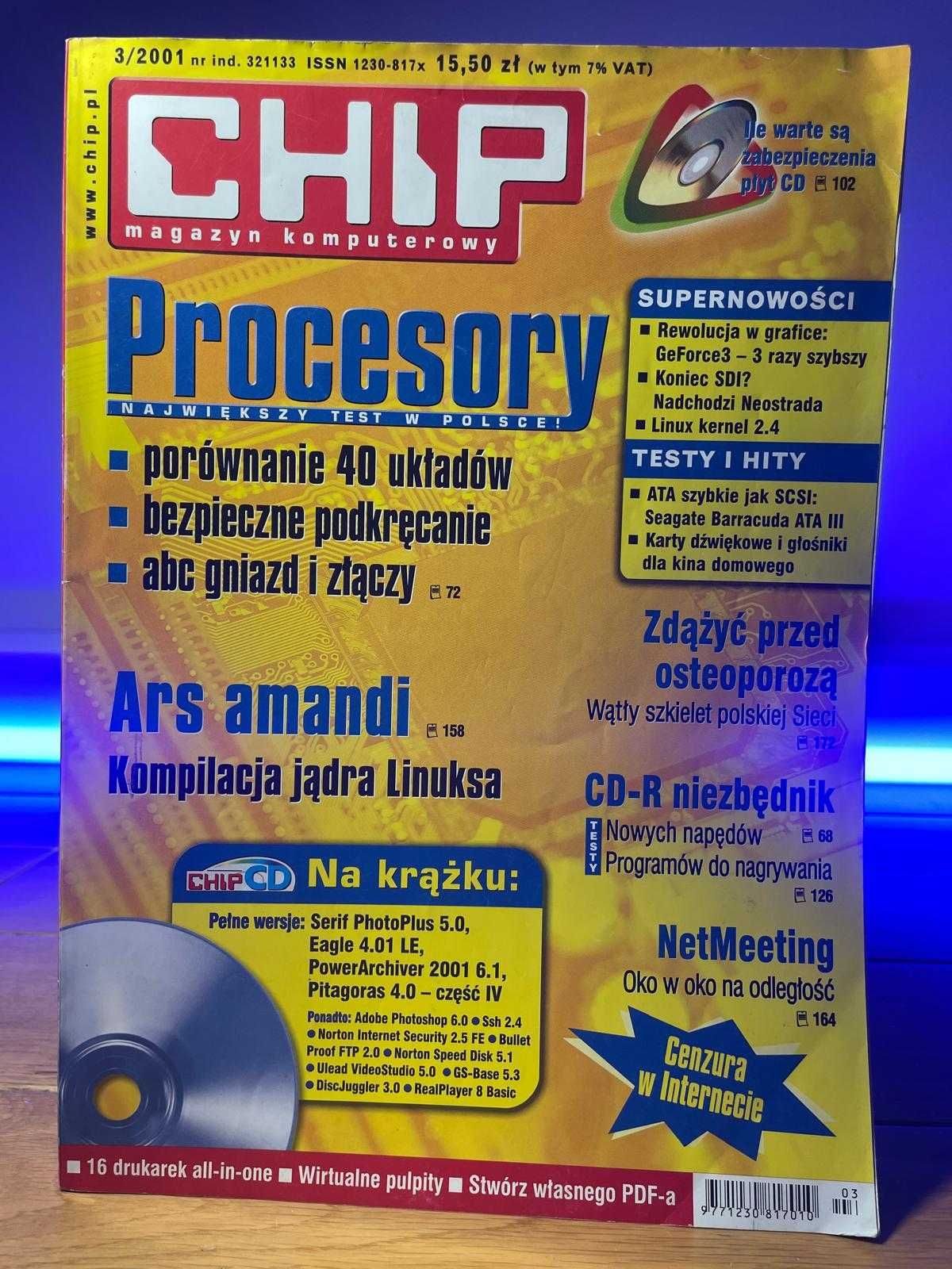 CHIP 3/2001 | Test procesorów, Neostrada, Linux, NetMeeting, CD-R