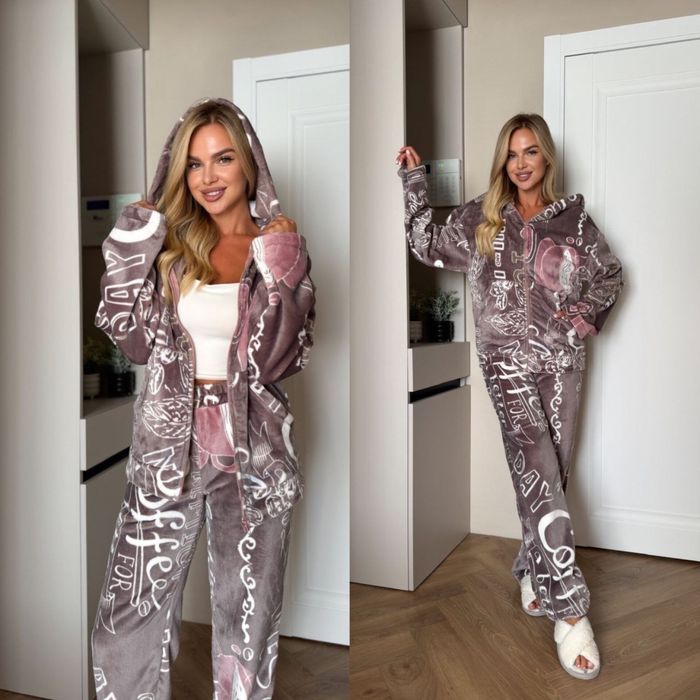 Женская махровая пижама турецкая кофта с капюшоном на молнии и штаны