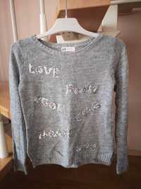 Sweter szary cekiny love napis h 134 140 knit ciepły  bluza