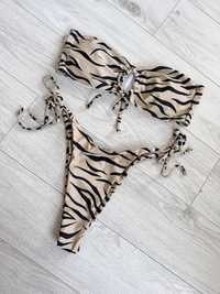 Beżowe bikini w paski zebra wiązane