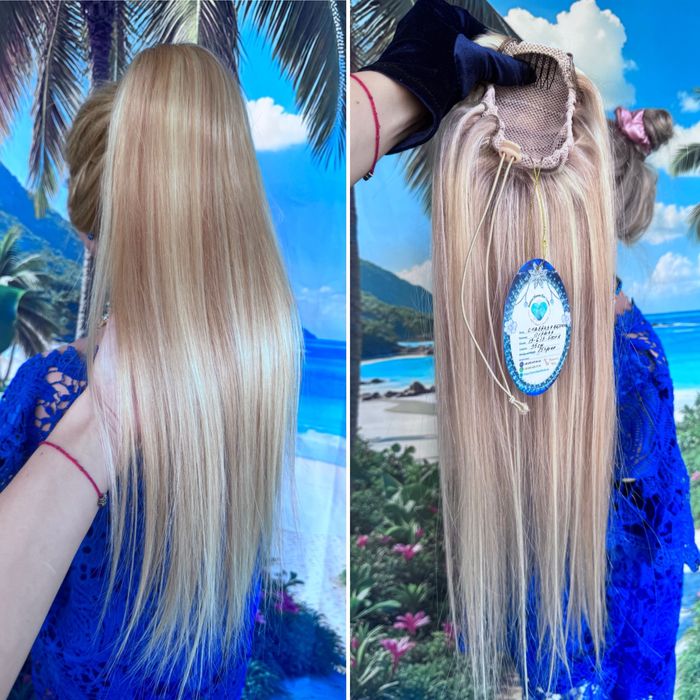 Натуральный хвост шиньон на резинке славянка мелирован волос блонд 55с