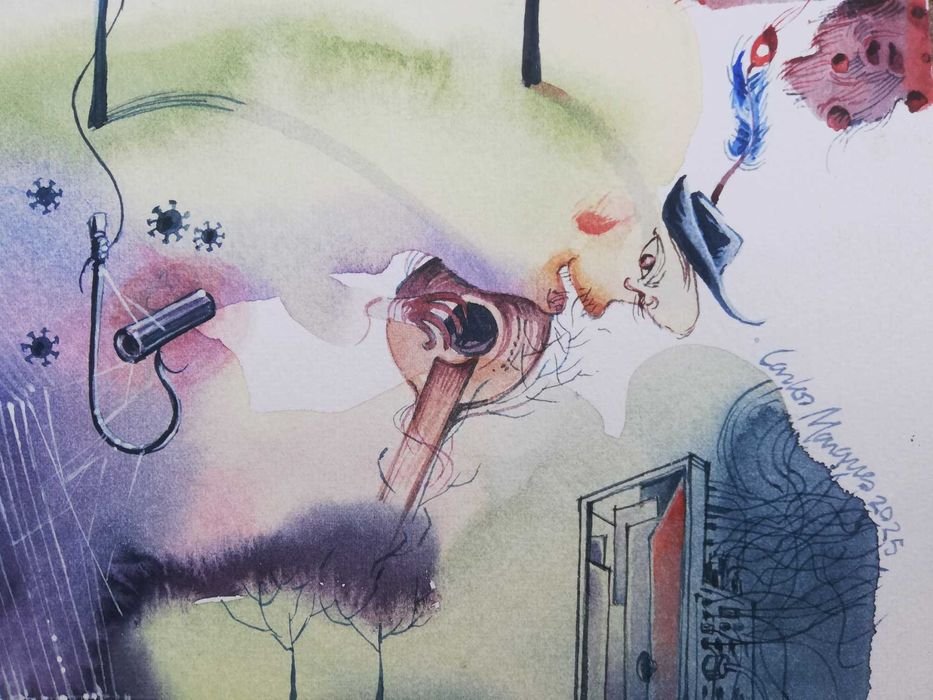 Aguarela original de Carlos Marques. Inteligência Artificial. Fantasia