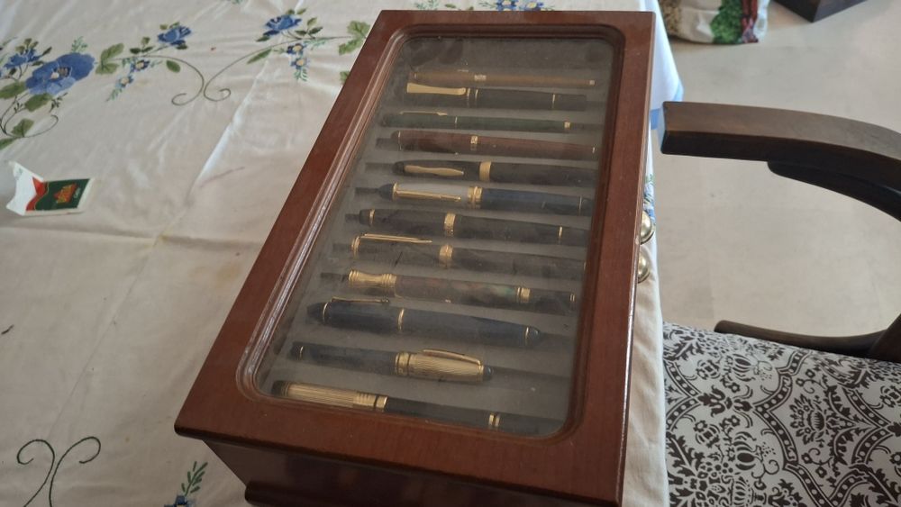 Coleccao 22 canetas , algumas ouro, com estojo em madeira retro