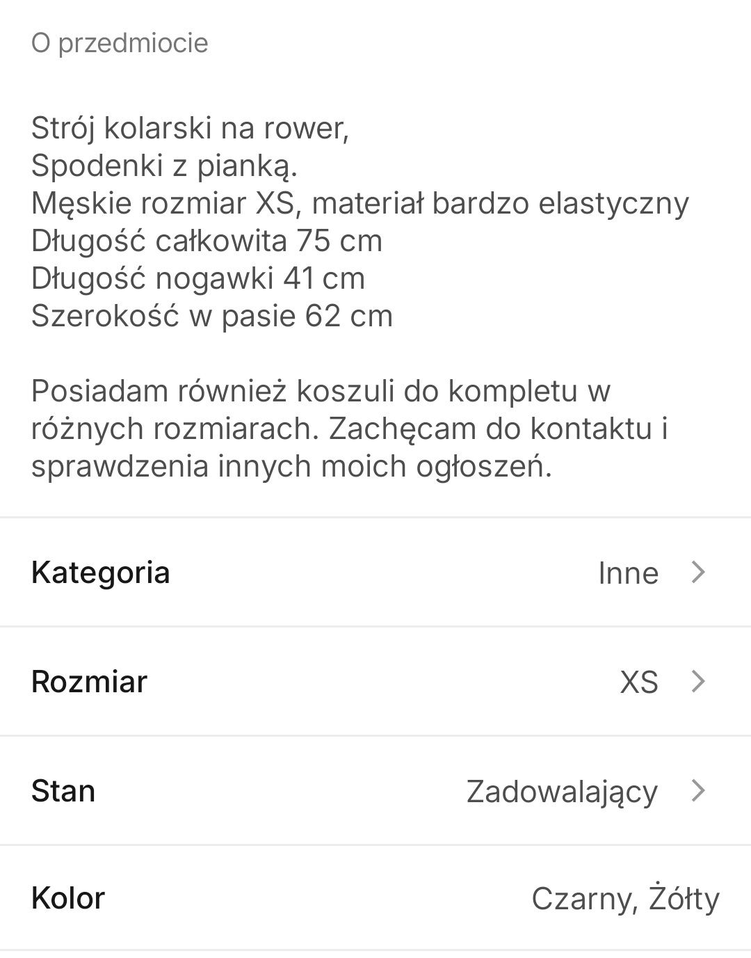 Strój kolarski na rower, spodenki z pianką rozmiar XS