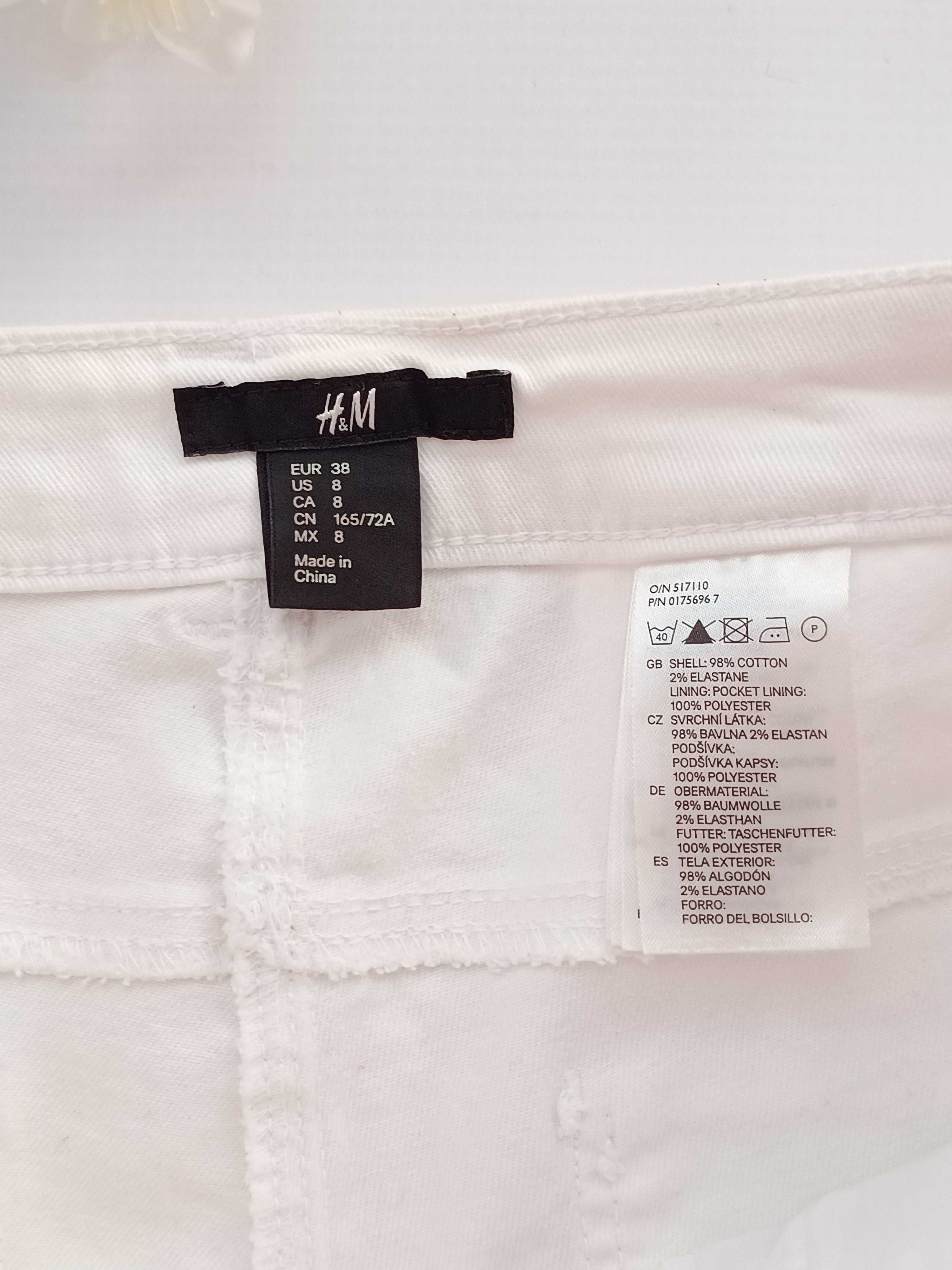 Białe spodnie jeansy do kostek skinny z haftem bawełniane H&M 38 M
