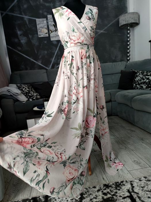 Długa maxi suknia sukienka wizytowa elegancka w kwiaty 40 l śliczna