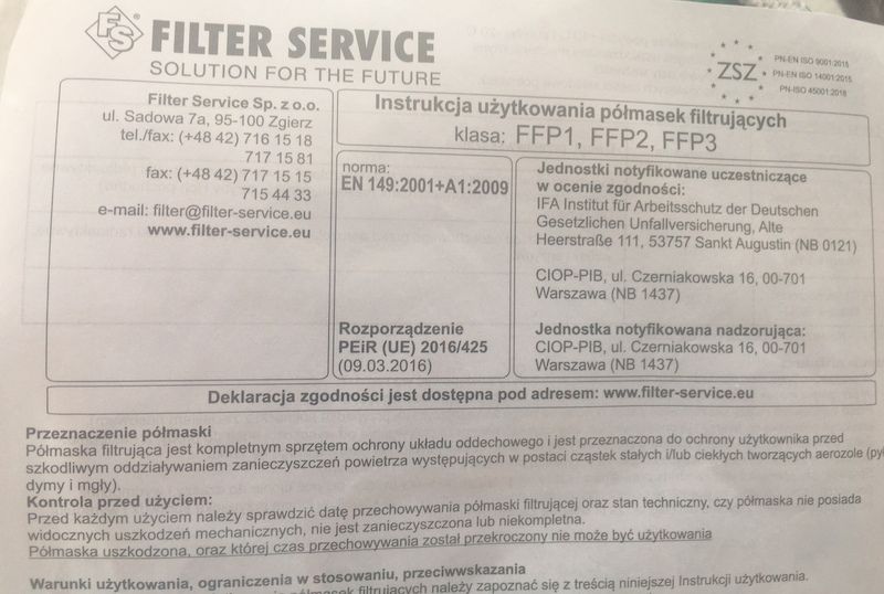 Półmaska Maseczka maska antywirusowa FS-923V filtr FFP2 z zaworem