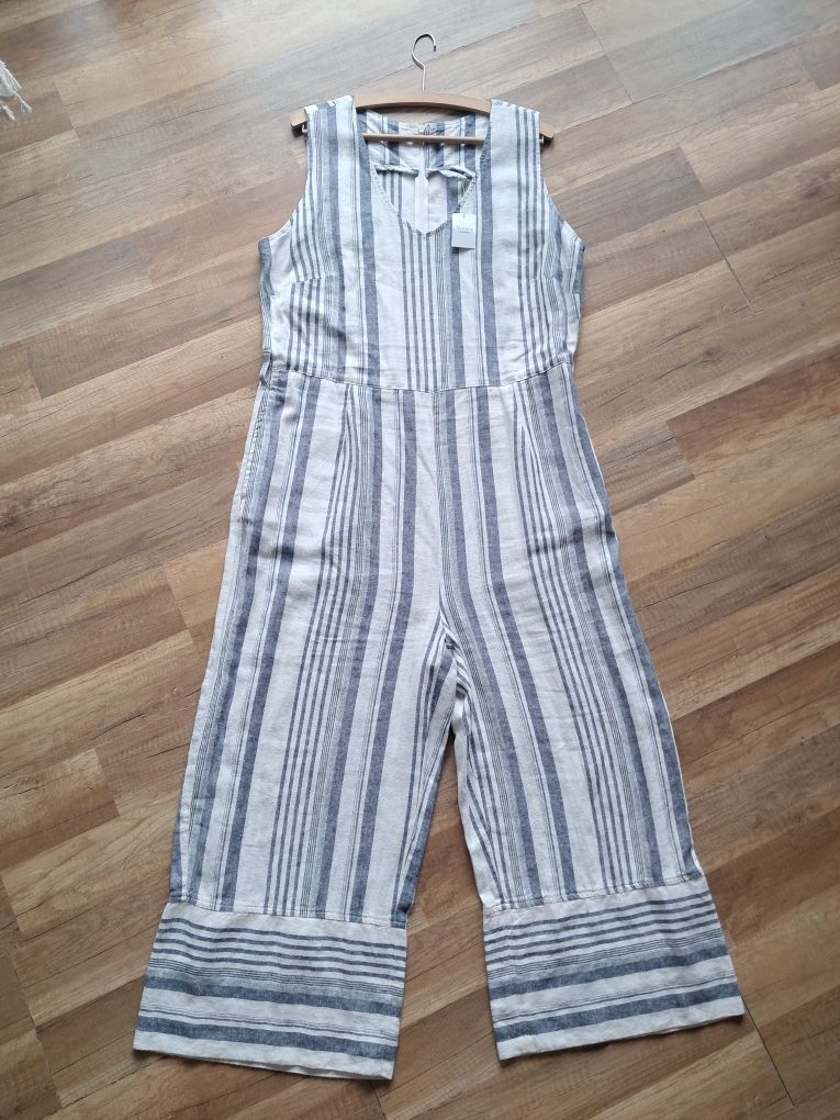 Kombinezon lniany kremowy w paski XXL plus size kuloty len wiskoza 46