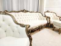 Zestaw komplet stylowy Ludwik Barok sofa fotele ława podnóżek