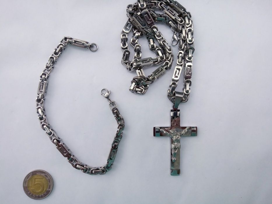 Łańcuszek,bransoletka,krzyżyk,srebro,złoto,nowy 316l komplet ze zdjęć