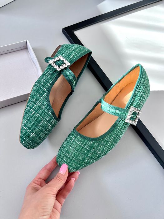 38 Sklep Nowe baleriny damskie tweedowe zielone XP317