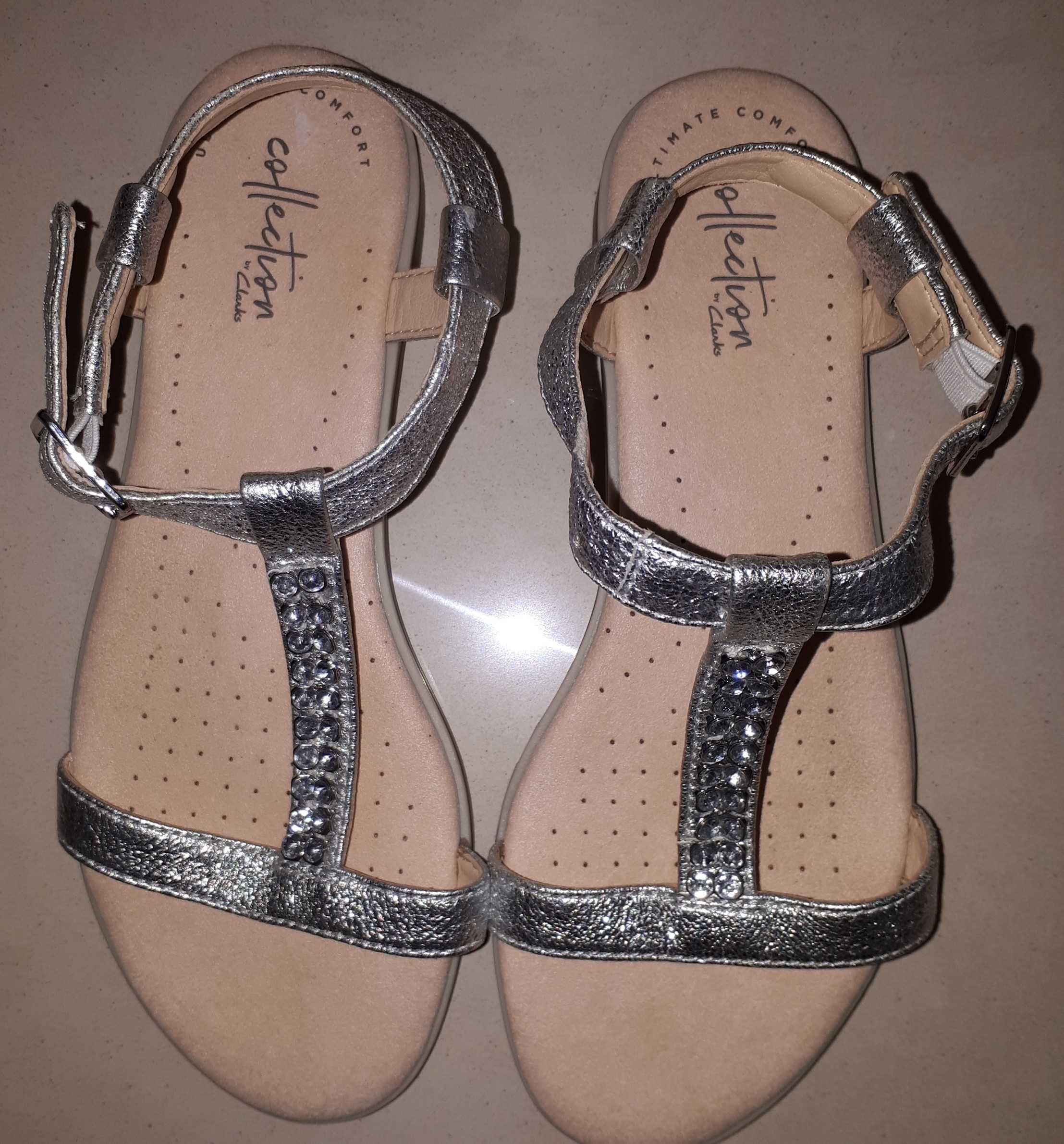 Sandały srebrne Clarks 37,5 śliczne z kryształkami/cyrkoniami