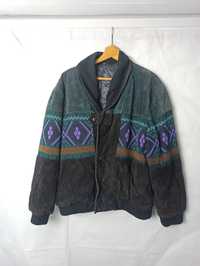 90s Vintage Retro Pattern Suede Leather Jacket Kurtka skórzana wzory