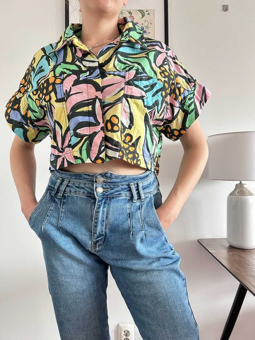 Bluzka koszula damska krótka kolorowa modna w kwiaty bawełniana L