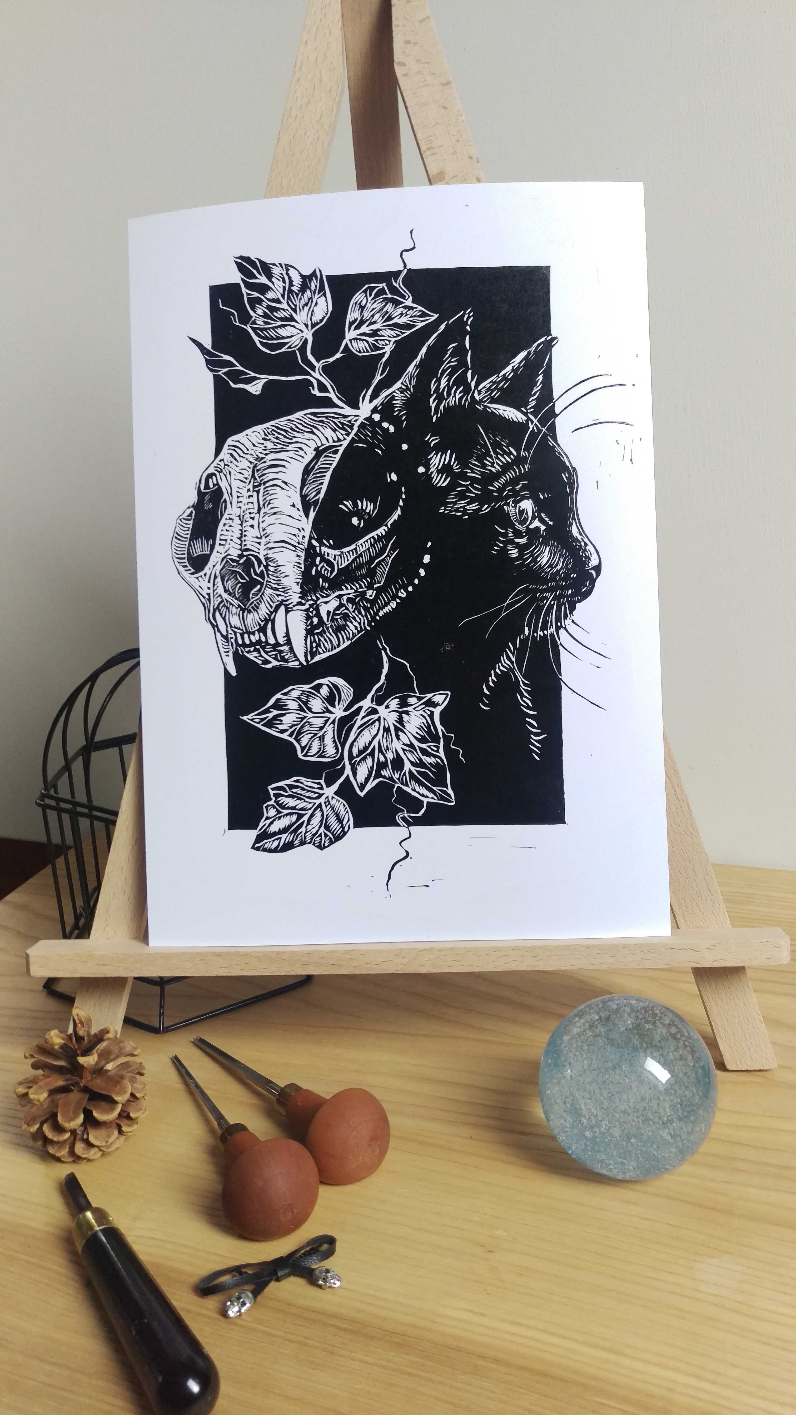 Linoryt, grafika, kot i czaszka A4