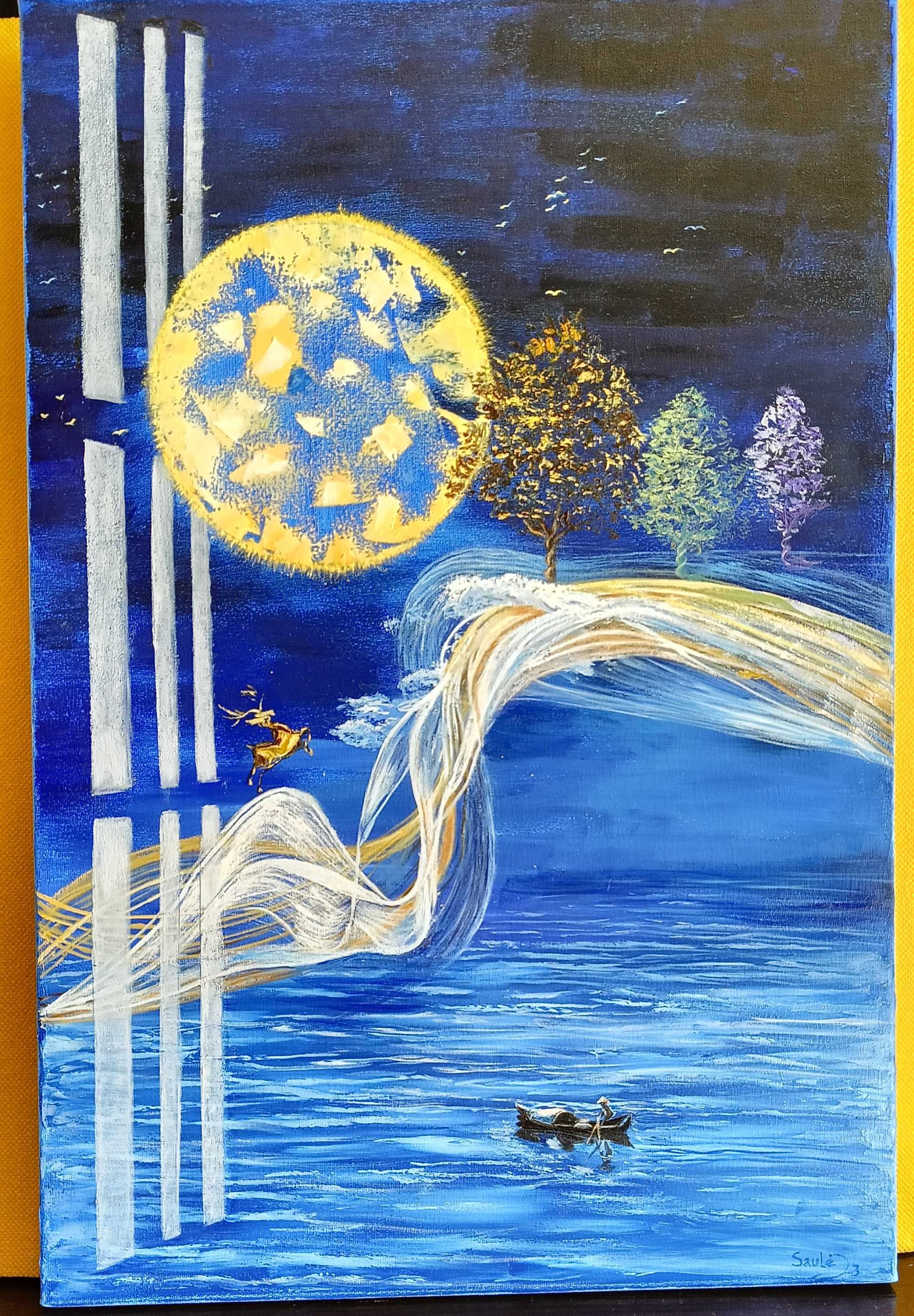 Картина масляными красками Яркая Море Волны Абстракция Ночь Луна