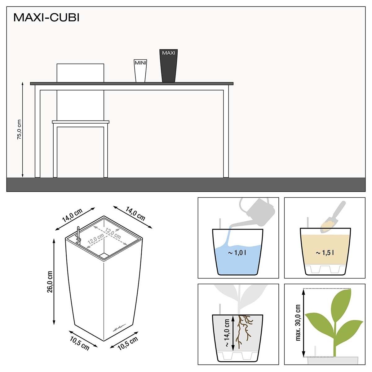 Doniczka Lechuza Maxi- Cubi antracyt metalik system nawadniania 4 szt