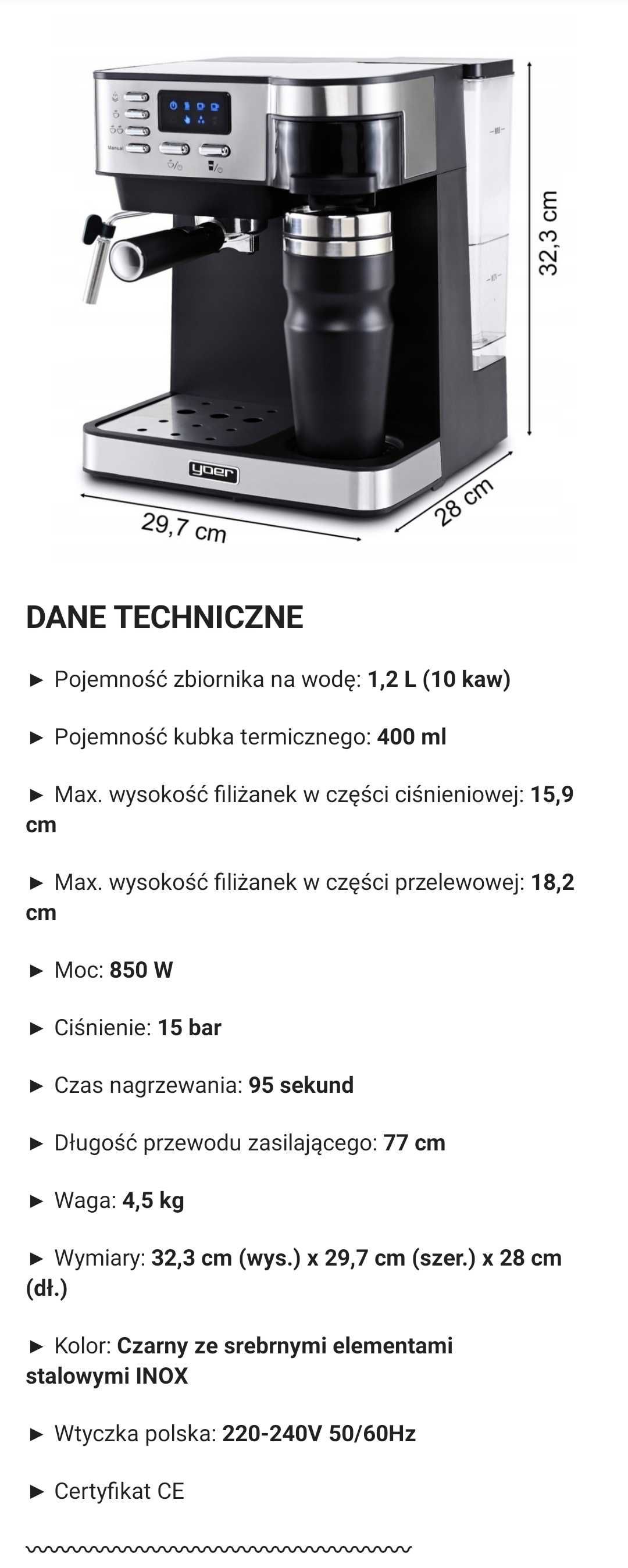 Ekspres do kawy CIŚNIENIOWY PRZELEWOWY Yoer Dualio CCM03BK