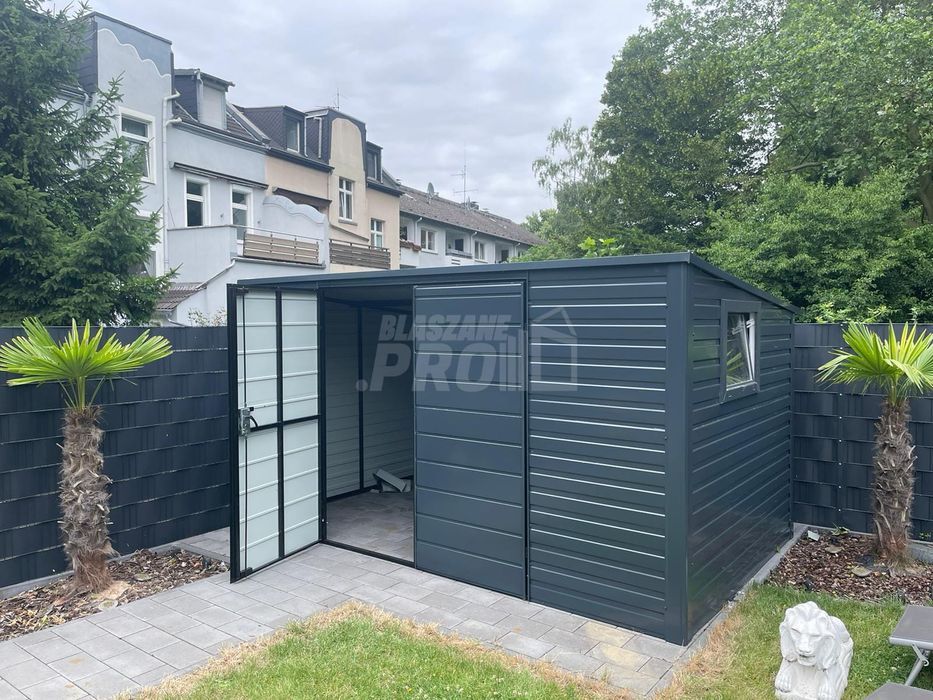 Domek ogrodowy 5x3 brama dwuskrzydłowa okno antracyt spad w tył GP116