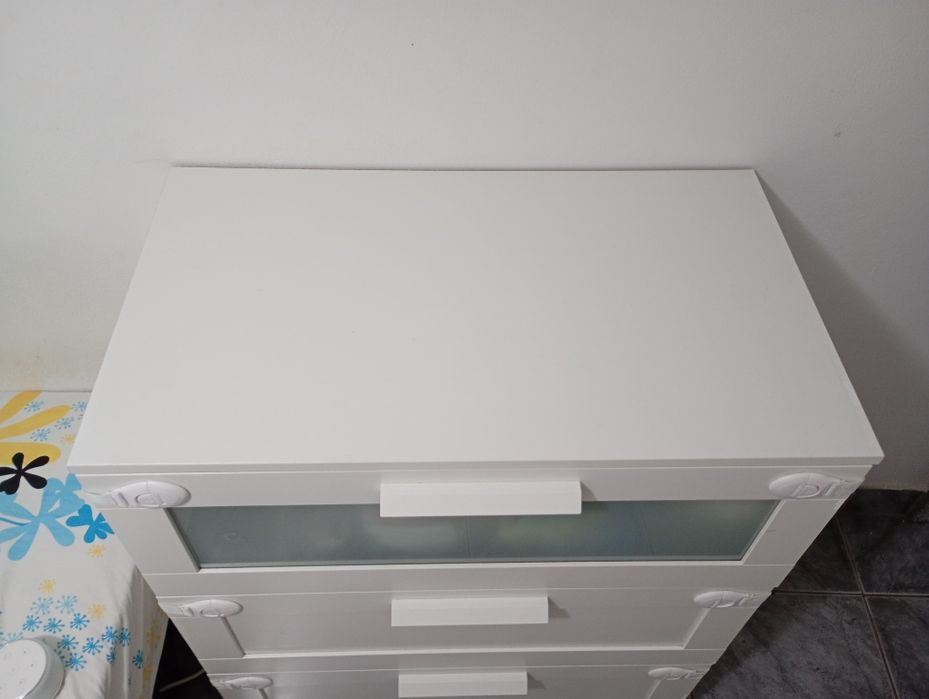 Cómoda c/3 gavetas, branco/vidro fosco, 80x95x46 cm