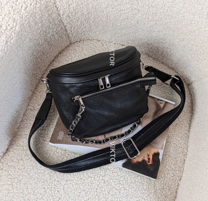 Женская кожаная итальянская сумка бананка с карманом. Шкіряна сумка