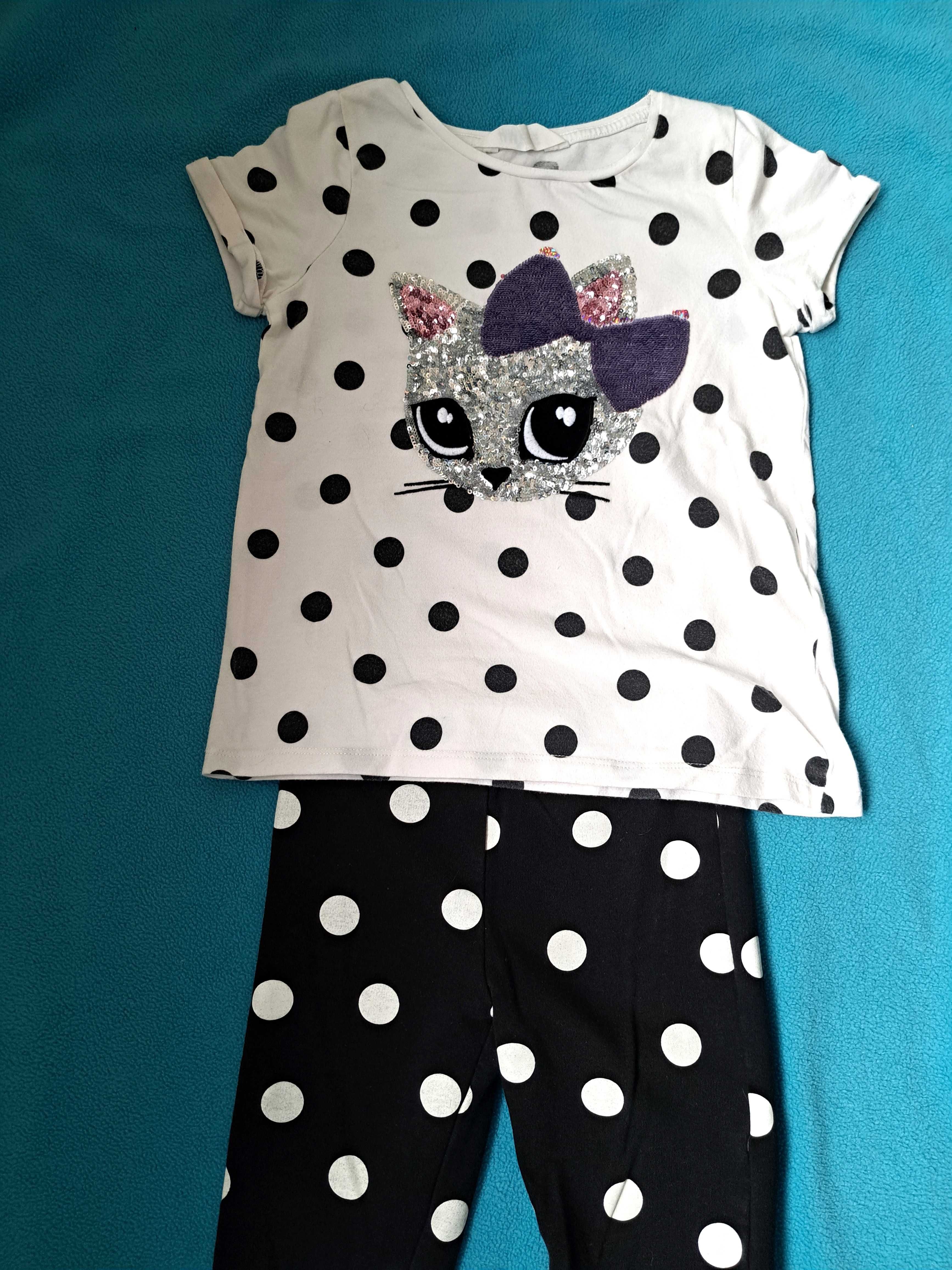 Komplet bluzka z kotem i cekinami+legginsy H&M 122/128