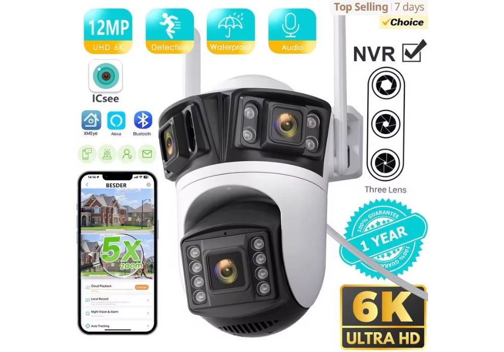 Вулична WiFi IP-камера 12 МП з 3 незалежними об'єктивами та PTZ, iCsee
