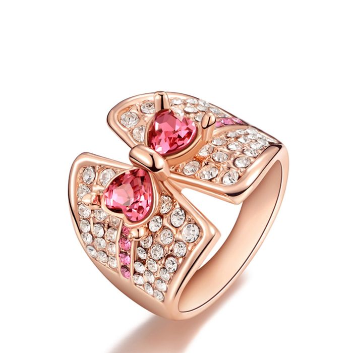 Кольцо, позолота розовым золотом, цирконы, "Бантик"