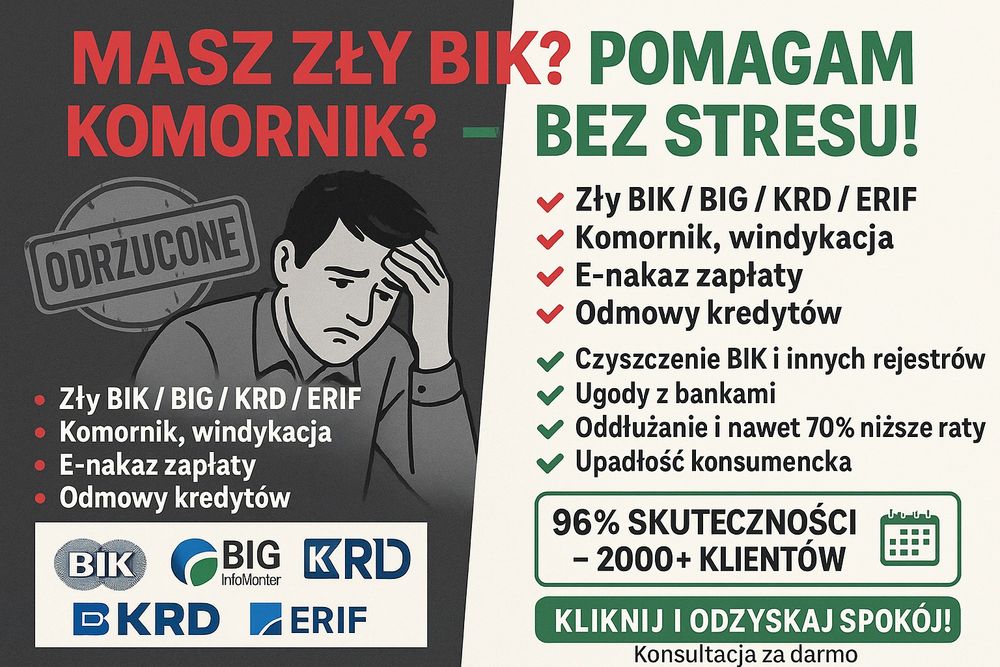 Czyszczenie BIK/KRD/BIG • Obniżenie rat • Nakaz Zapłaty • Komornik •