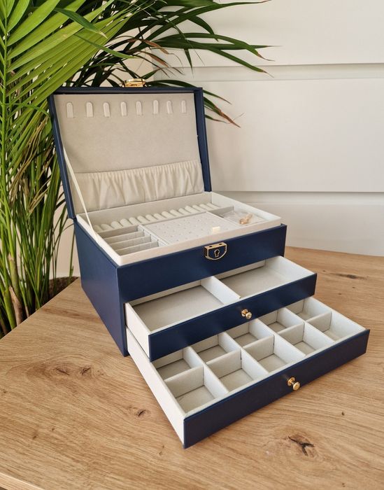 Granatowy luksusowy elegancki kuferek na biżuterię duży