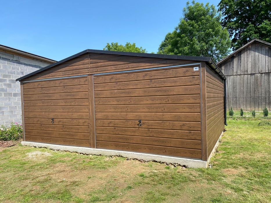 Garaż blaszany 6x5, drewnopodobny, profil zamknięty ocynkowany.