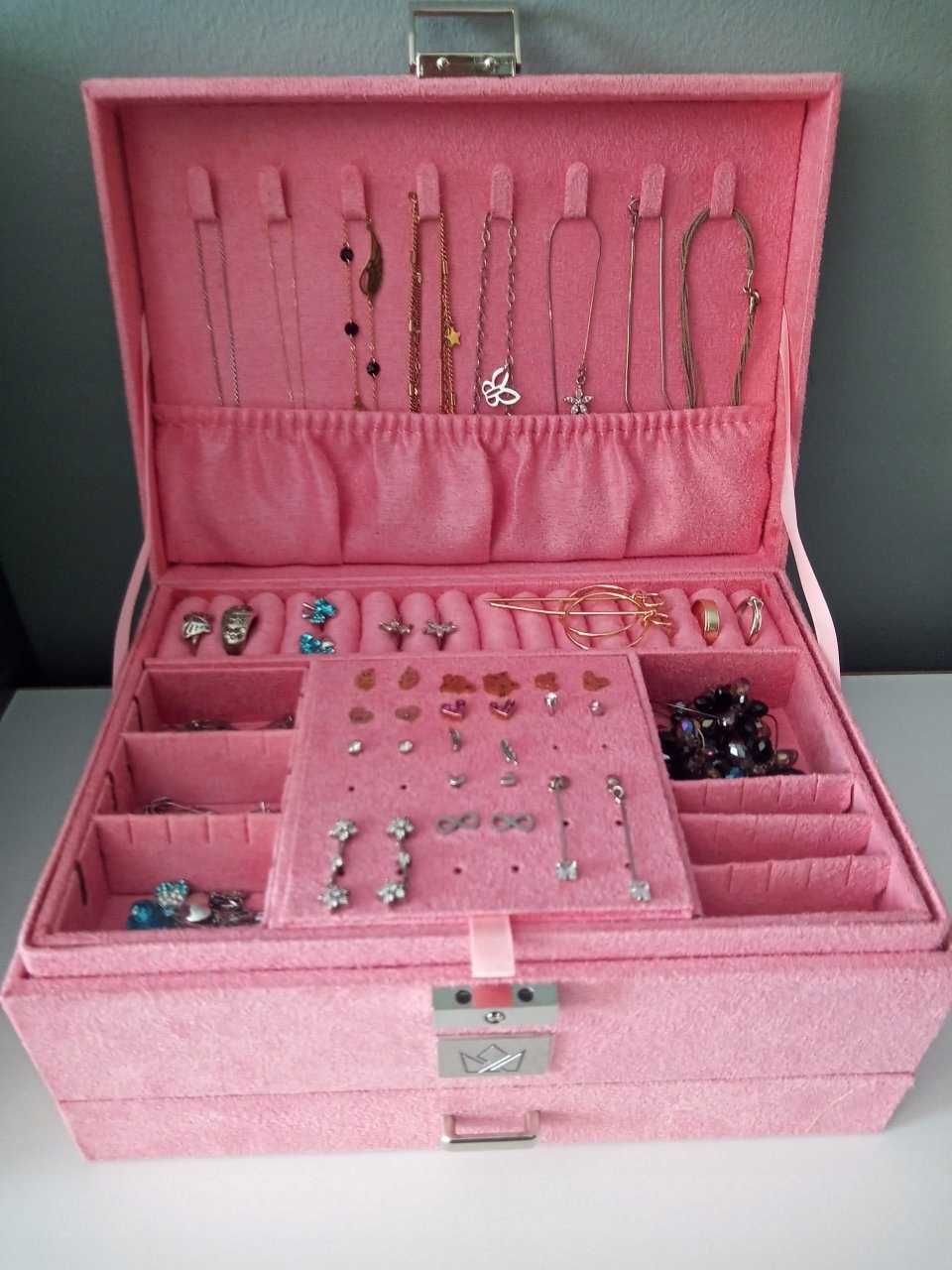 Szkatułka organizer elegancki na biżuterię kuferek różowy