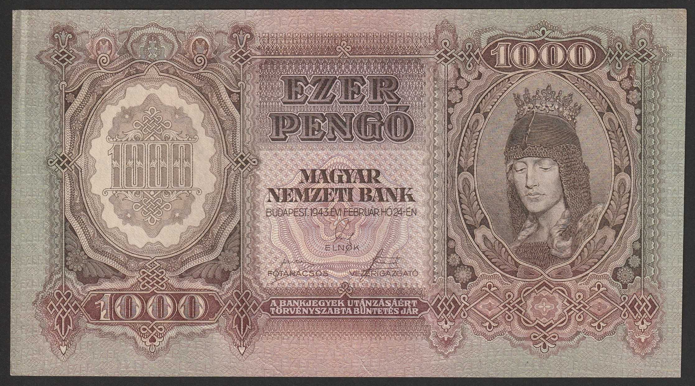 Węgry 1000 pengo 1943 - F072 - stan 2/1