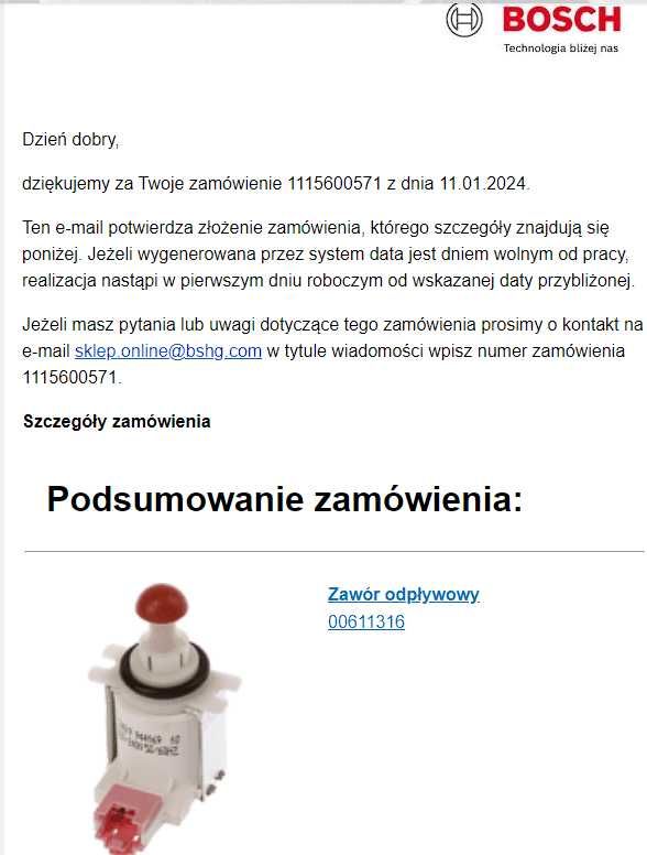 Zawór odpływowy płaszcza zmywarki Bosch Siemens