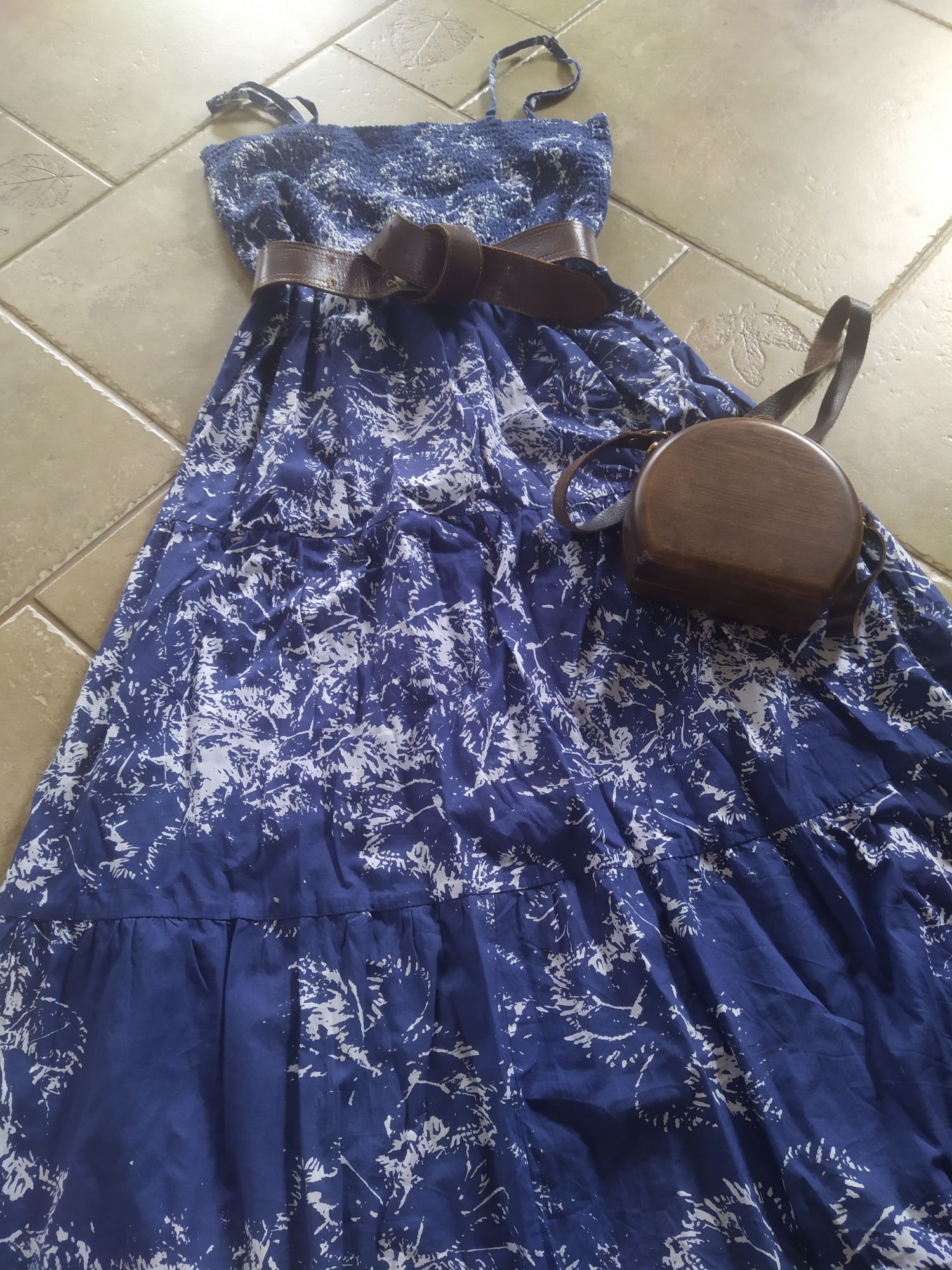 Bawelniana 3w1 sukienka spódnica falbany boho roślinny wzór midi