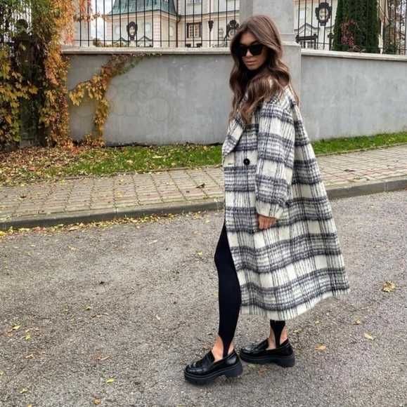 Płaszcz Zara wełna wełniany oversize krata kratka rozm L NOWY