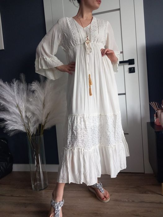 Kremowa sukienka boho z wiskozy