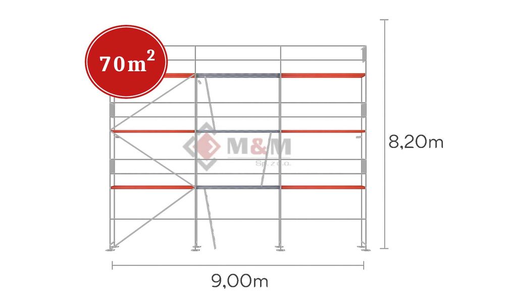 Zestaw rusztowania 70m2 9x8m Podest komunikacyjny alu-sklejka 3m