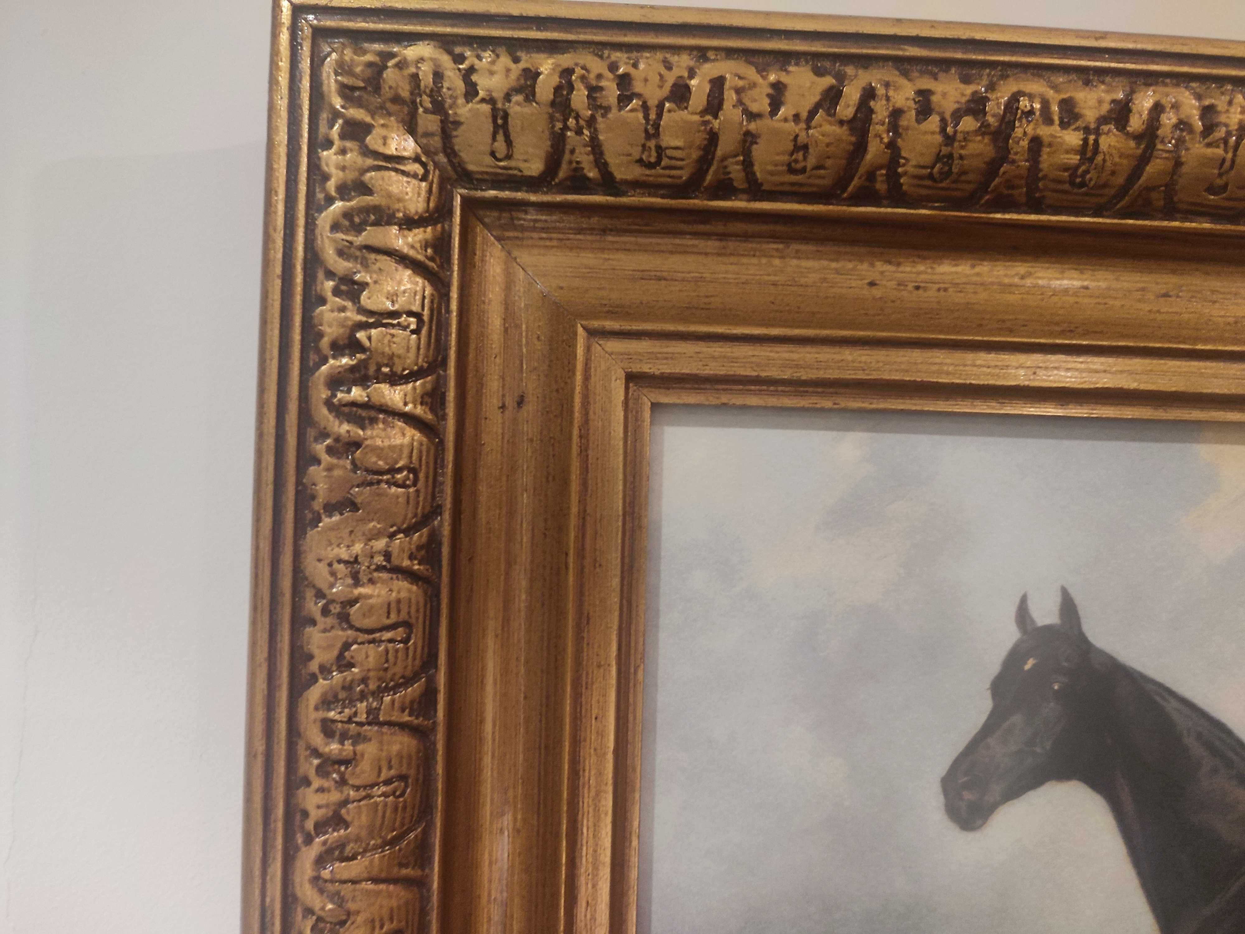 quadro com cavalos moldura dourada - conjunto de dois quadros