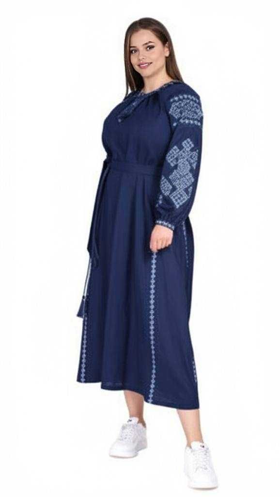 Темно-синя сукня-вишиванка, льон, максі, р-ри: S, M, L, XL, 2XL, 3XL