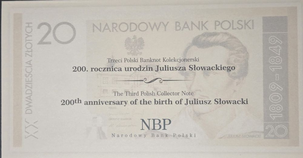 Banknot  Juliusz słowacki 20 zl Stan unc + folder