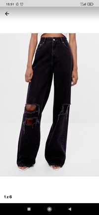 Szerokie spodnie dzwony jeansy bershka czarne z dziurami