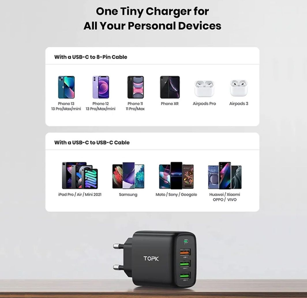 Сетевое зарядное устройство Topk Qualcomm Quick Charge 3.0 30W 3xUSB