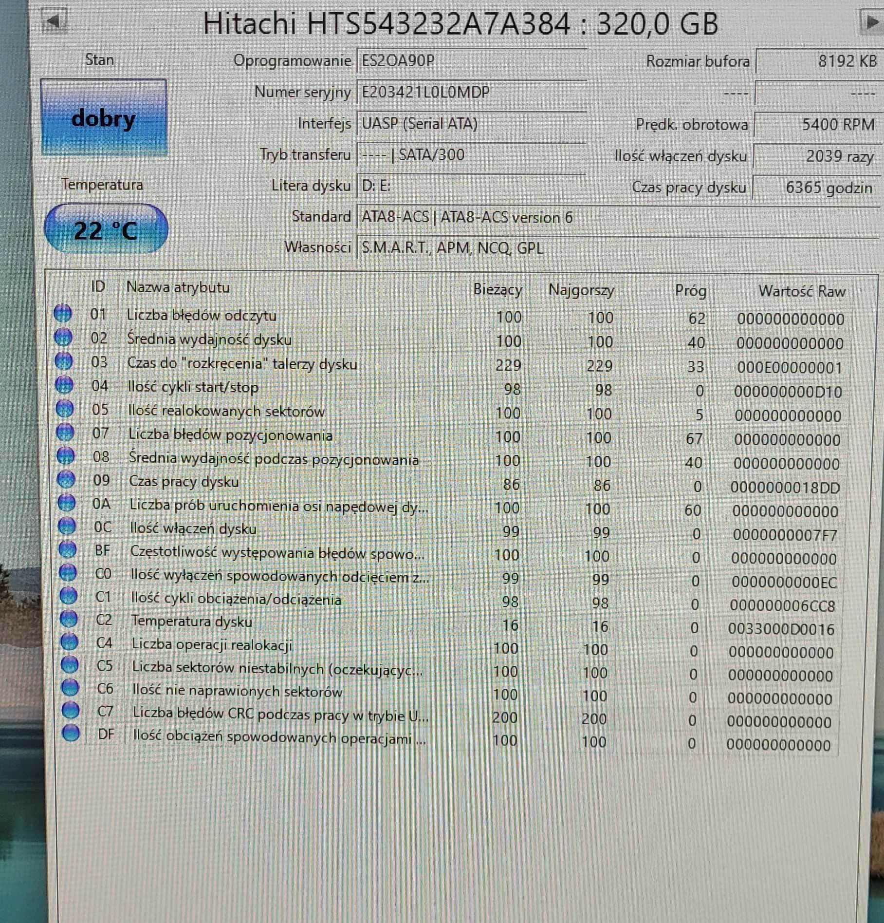 używany dysk twardy HDD 2,5" Hitachi 320GB 5400 rpm SATA