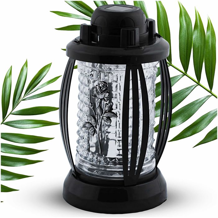 Duży znicz solarny szklany LED na cmentarz, Czarny lampion z różą 24cm